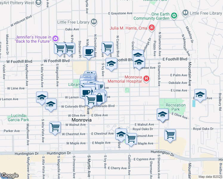 map of restaurants, bars, coffee shops, grocery stores, and more near 228 East Lime Avenue in Monrovia