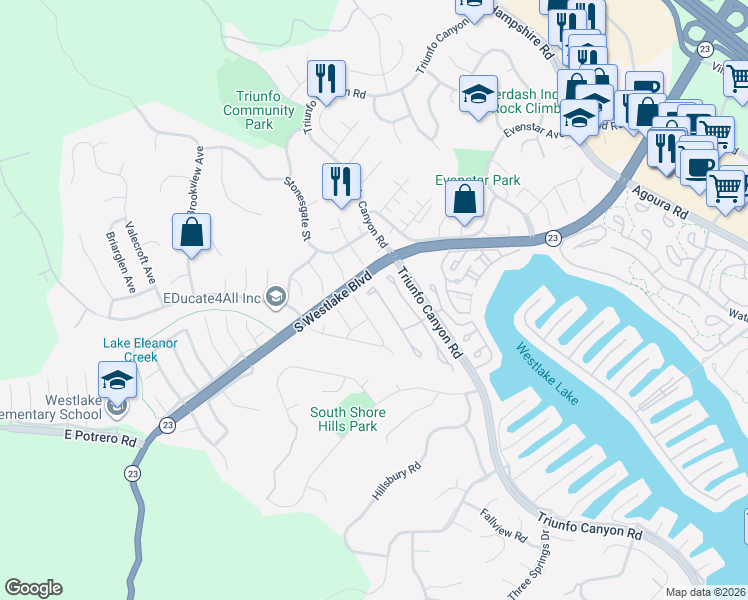 map of restaurants, bars, coffee shops, grocery stores, and more near 2126 Crespi Lane in Westlake Village