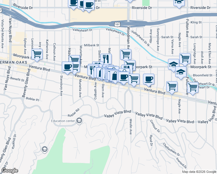 map of restaurants, bars, coffee shops, grocery stores, and more near 4247 Matilija Avenue in Los Angeles
