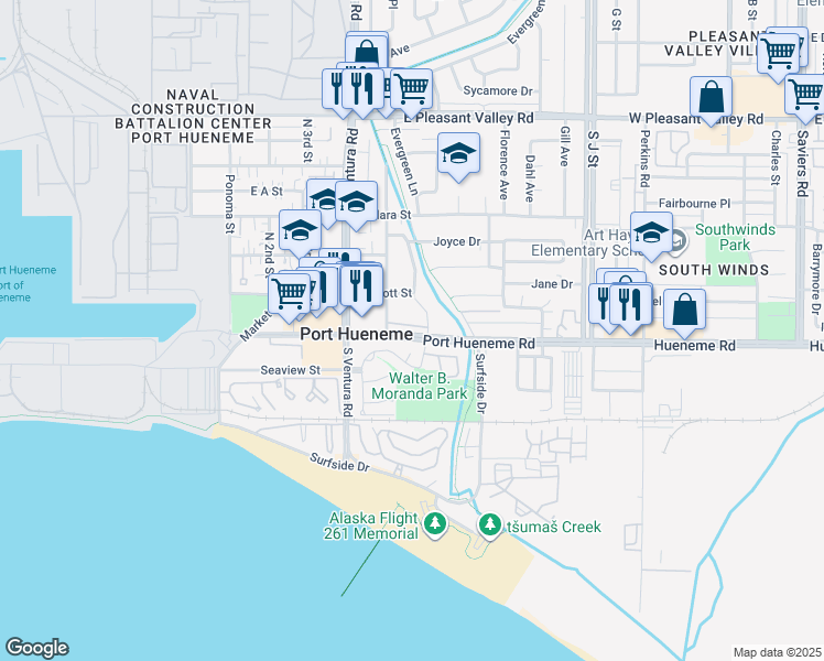 map of restaurants, bars, coffee shops, grocery stores, and more near 549 East Port Hueneme Road in Port Hueneme