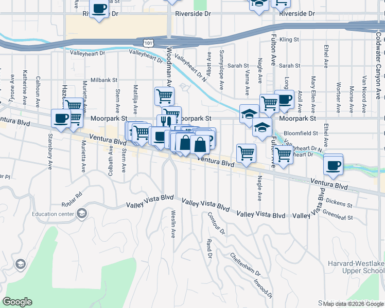 map of restaurants, bars, coffee shops, grocery stores, and more near 13567 Ventura Boulevard in Los Angeles