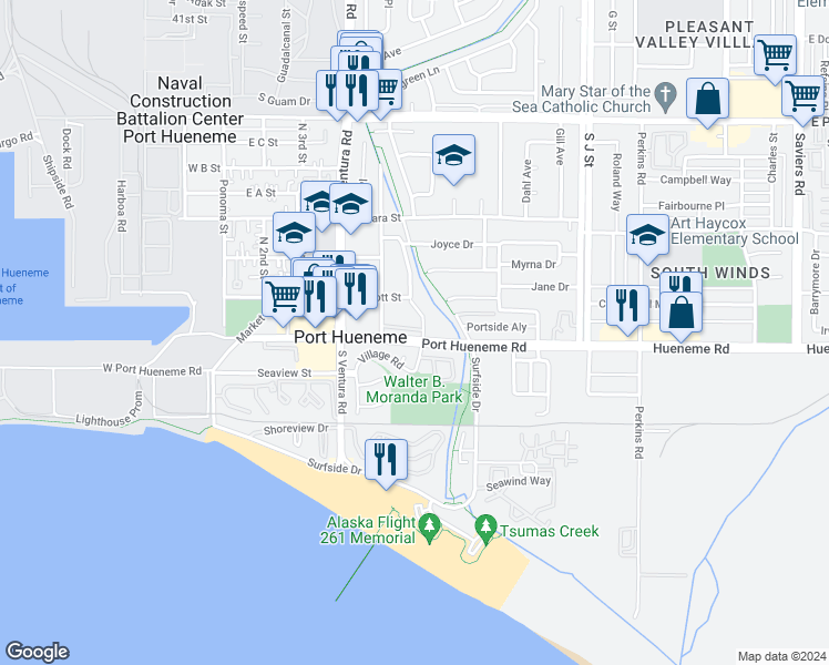 map of restaurants, bars, coffee shops, grocery stores, and more near 563 East Port Hueneme Road in Port Hueneme