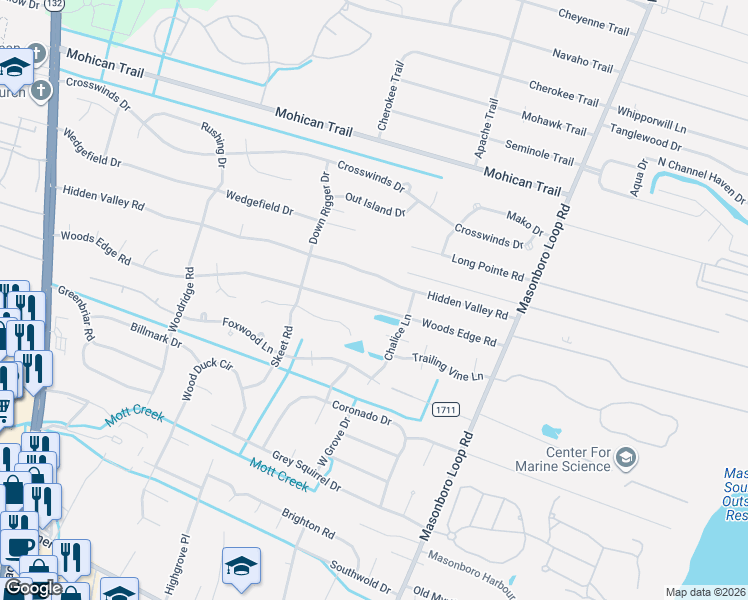 map of restaurants, bars, coffee shops, grocery stores, and more near 5112 Woods Edge Road in Wilmington