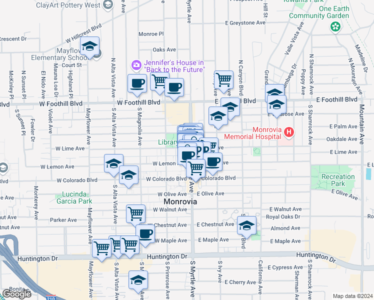 map of restaurants, bars, coffee shops, grocery stores, and more near 111 West Lemon Avenue in Monrovia