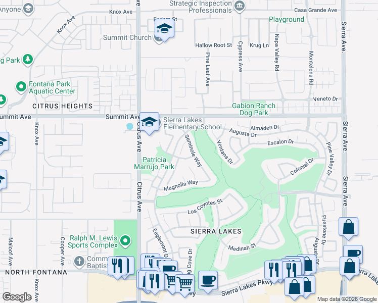 map of restaurants, bars, coffee shops, grocery stores, and more near 5833 Brentwood Place in Fontana