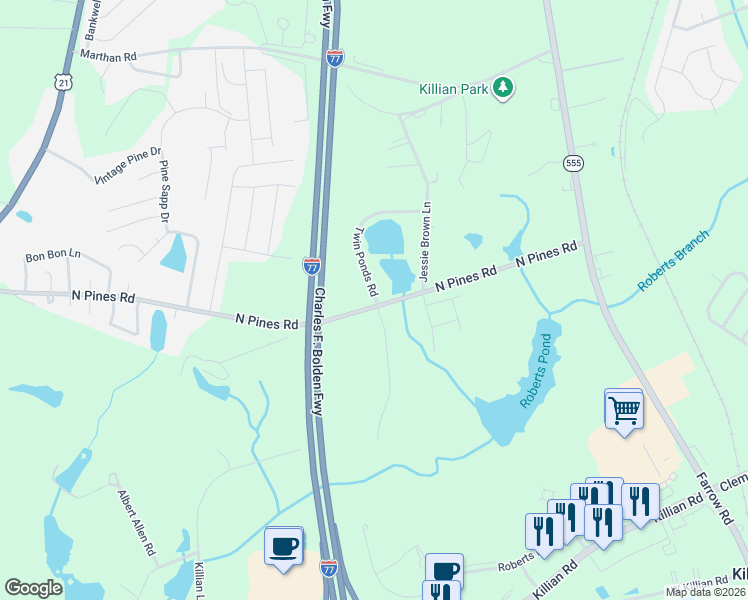 map of restaurants, bars, coffee shops, grocery stores, and more near 709 North Pines Road in Blythewood