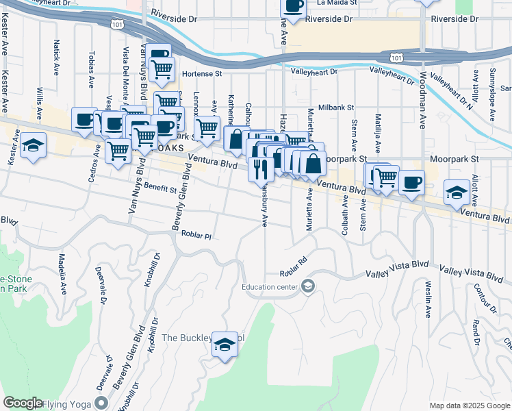 map of restaurants, bars, coffee shops, grocery stores, and more near 14144 Dickens Street in Los Angeles