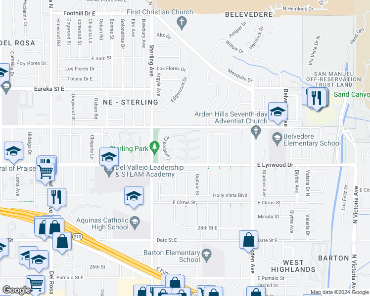 map of restaurants, bars, coffee shops, grocery stores, and more near 2122 Firewood Court in San Bernardino