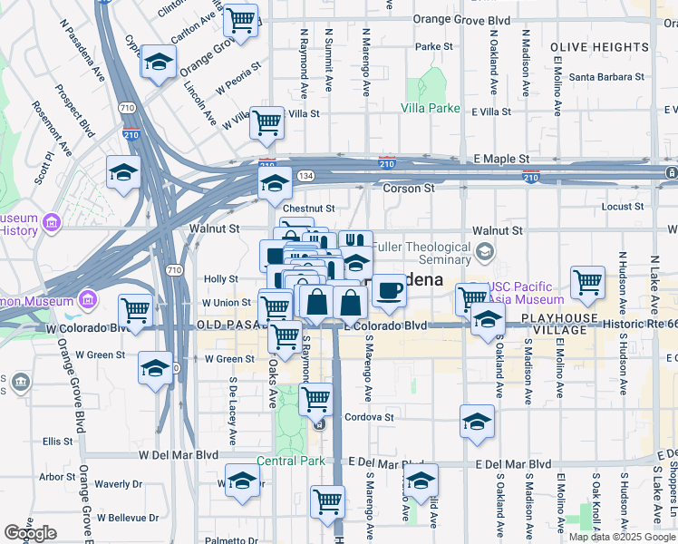 map of restaurants, bars, coffee shops, grocery stores, and more near 151 East Holly Street in Pasadena