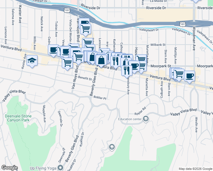 map of restaurants, bars, coffee shops, grocery stores, and more near 14273 Greenleaf Street in Los Angeles