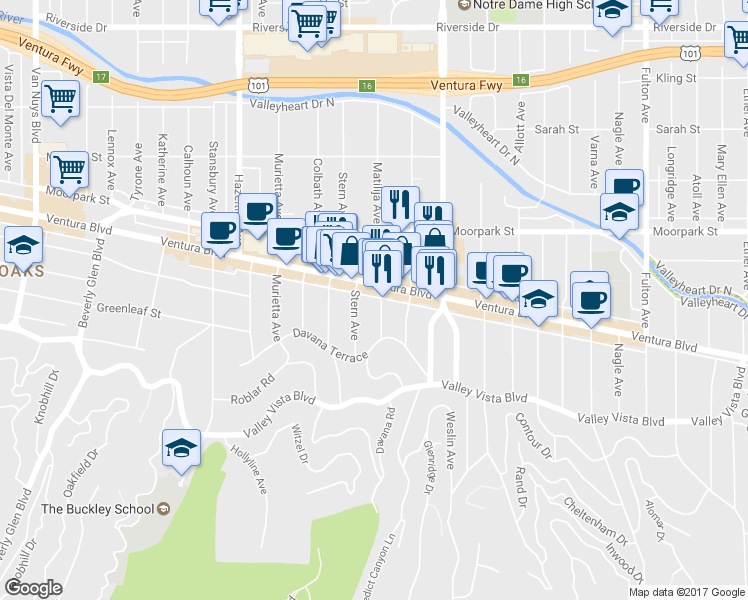map of restaurants, bars, coffee shops, grocery stores, and more near 4247 Matilija Avenue in Los Angeles