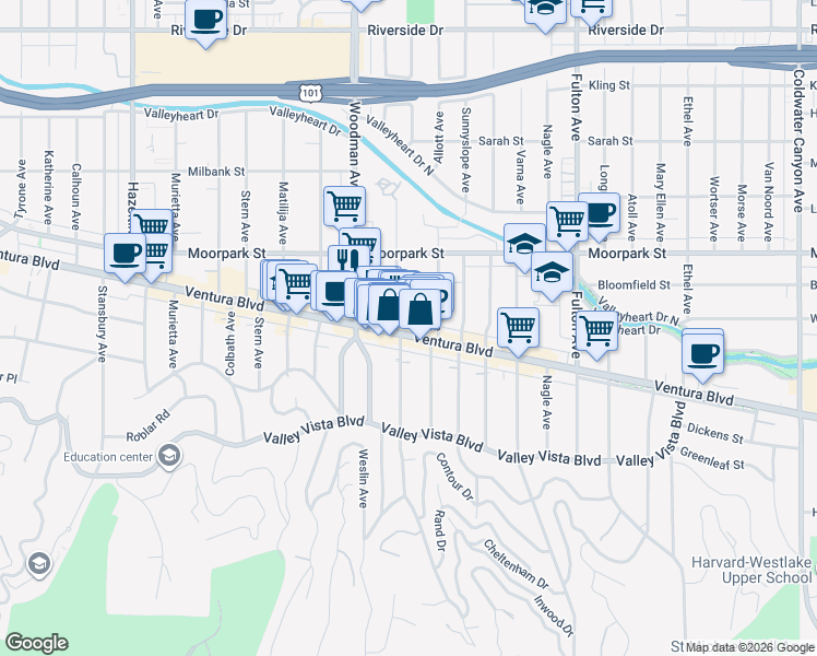 map of restaurants, bars, coffee shops, grocery stores, and more near 13600 Ventura Boulevard in Los Angeles