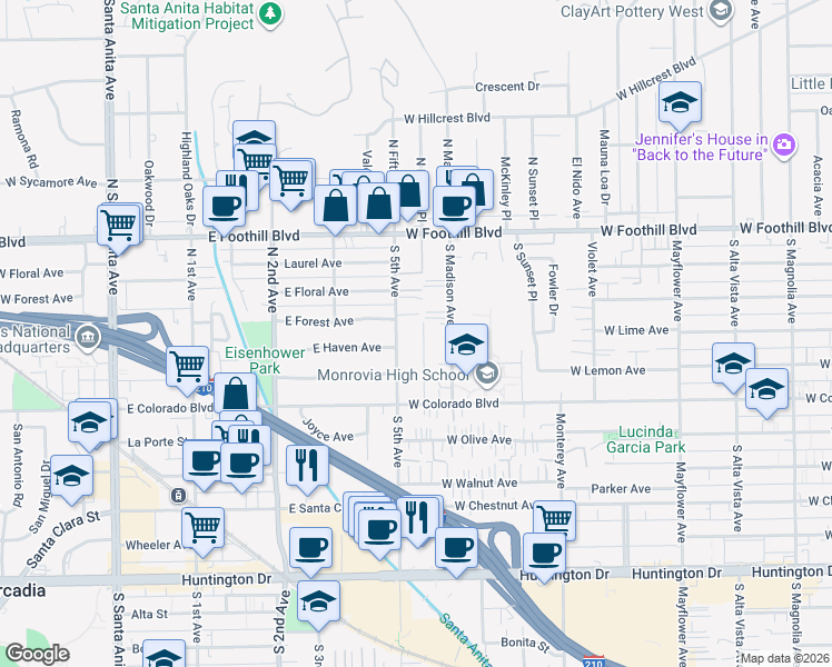 map of restaurants, bars, coffee shops, grocery stores, and more near 327 South Lincoln Place in Monrovia