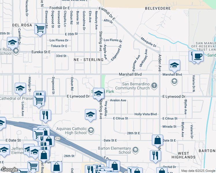 map of restaurants, bars, coffee shops, grocery stores, and more near East Locust Court in San Bernardino