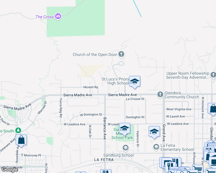 map of restaurants, bars, coffee shops, grocery stores, and more near Ben Lomond Avenue in Glendora