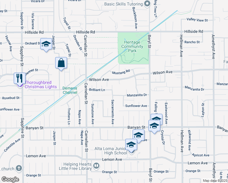 map of restaurants, bars, coffee shops, grocery stores, and more near 5877 Sacramento Avenue in Rancho Cucamonga