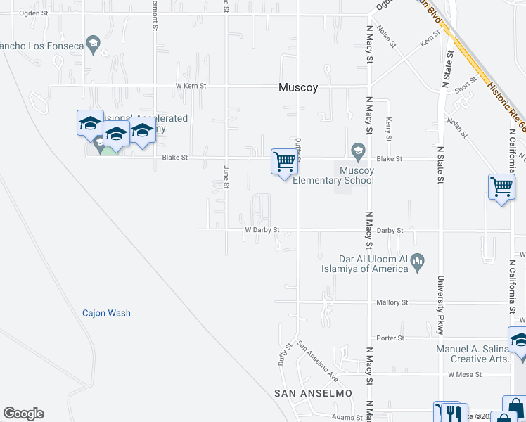 map of restaurants, bars, coffee shops, grocery stores, and more near 2250 Darby Street in San Bernardino