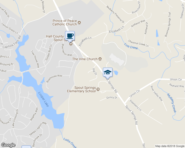 map of restaurants, bars, coffee shops, grocery stores, and more near 6616 Gigi Drive in Flowery Branch