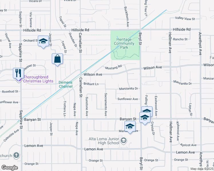 map of restaurants, bars, coffee shops, grocery stores, and more near 5877 Sacramento Avenue in Rancho Cucamonga