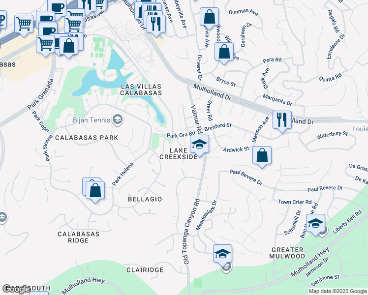 map of restaurants, bars, coffee shops, grocery stores, and more near 4392 Park Paloma in Calabasas