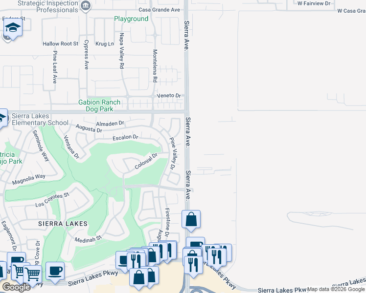 map of restaurants, bars, coffee shops, grocery stores, and more near 16883 Hazeltine Court in Fontana