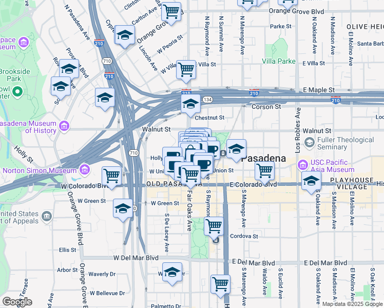 map of restaurants, bars, coffee shops, grocery stores, and more near 4 East Holly Street in Pasadena