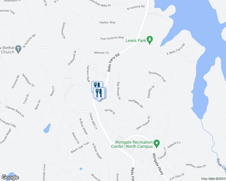 map of restaurants, bars, coffee shops, grocery stores, and more near 147 Sunset Lane in Woodstock