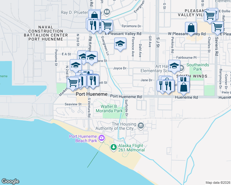 map of restaurants, bars, coffee shops, grocery stores, and more near 615 East Port Hueneme Road in Port Hueneme