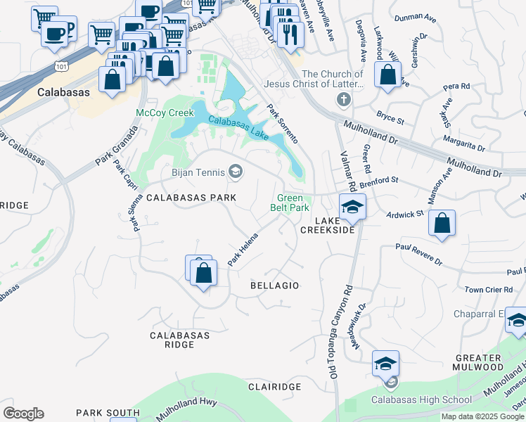 map of restaurants, bars, coffee shops, grocery stores, and more near 4317 Park Fortuna in Calabasas