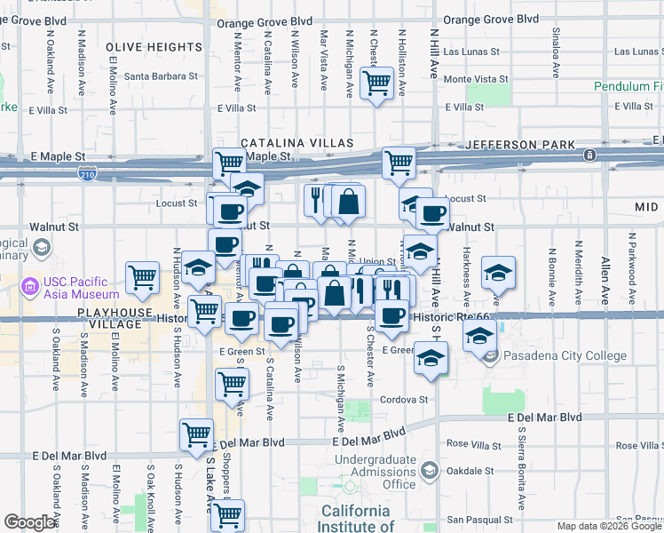 map of restaurants, bars, coffee shops, grocery stores, and more near 64N Mar Vista Avenue in Pasadena