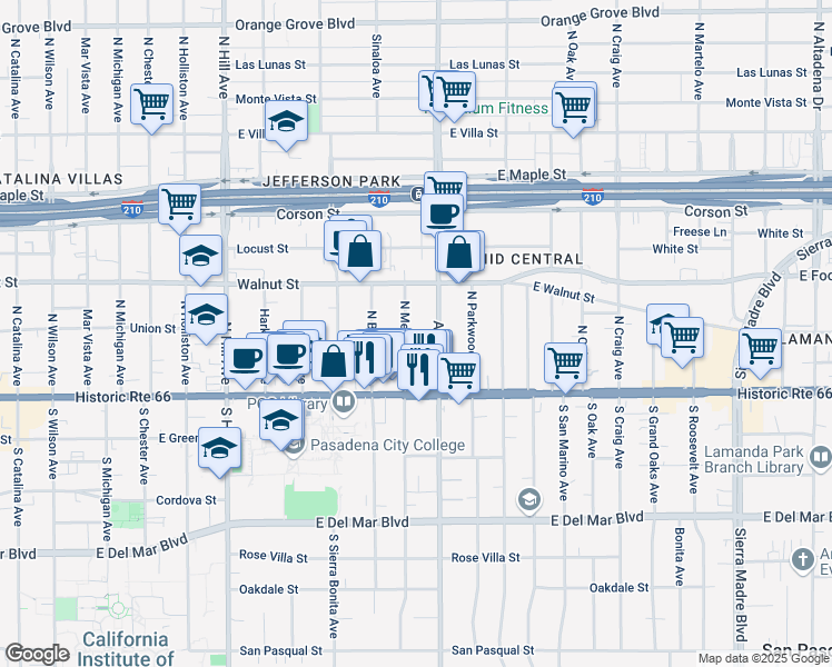 map of restaurants, bars, coffee shops, grocery stores, and more near 83 North Meridith Avenue in Pasadena