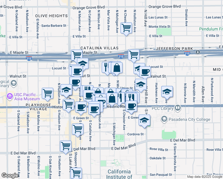 map of restaurants, bars, coffee shops, grocery stores, and more near 64N Mar Vista Avenue in Pasadena