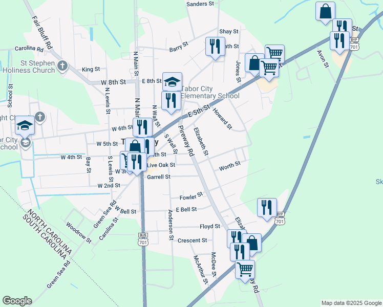 map of restaurants, bars, coffee shops, grocery stores, and more near North Carolina 904 in Tabor City