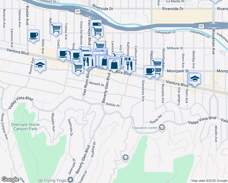 map of restaurants, bars, coffee shops, grocery stores, and more near 14313 Greenleaf Street in Los Angeles