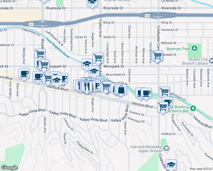 map of restaurants, bars, coffee shops, grocery stores, and more near 4249 Longridge Avenue in Los Angeles