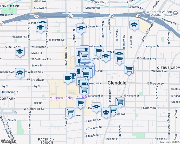 map of restaurants, bars, coffee shops, grocery stores, and more near 115 Artsakh Avenue in Glendale