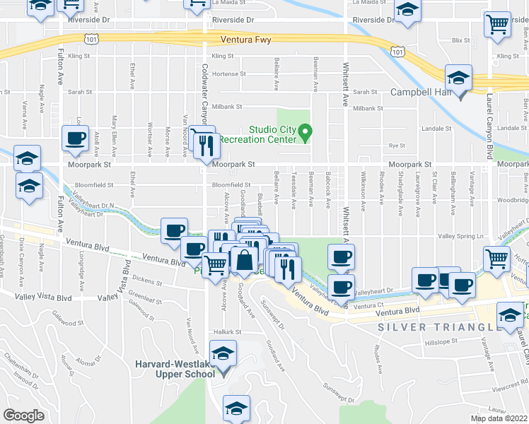 map of restaurants, bars, coffee shops, grocery stores, and more near 4244 Bluebell Avenue in Los Angeles