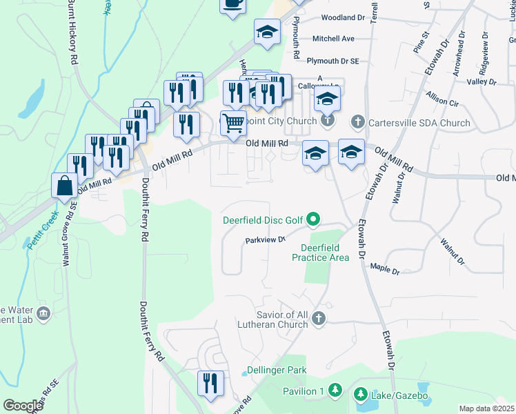 map of restaurants, bars, coffee shops, grocery stores, and more near 289 Briar Patch Lane in Cartersville