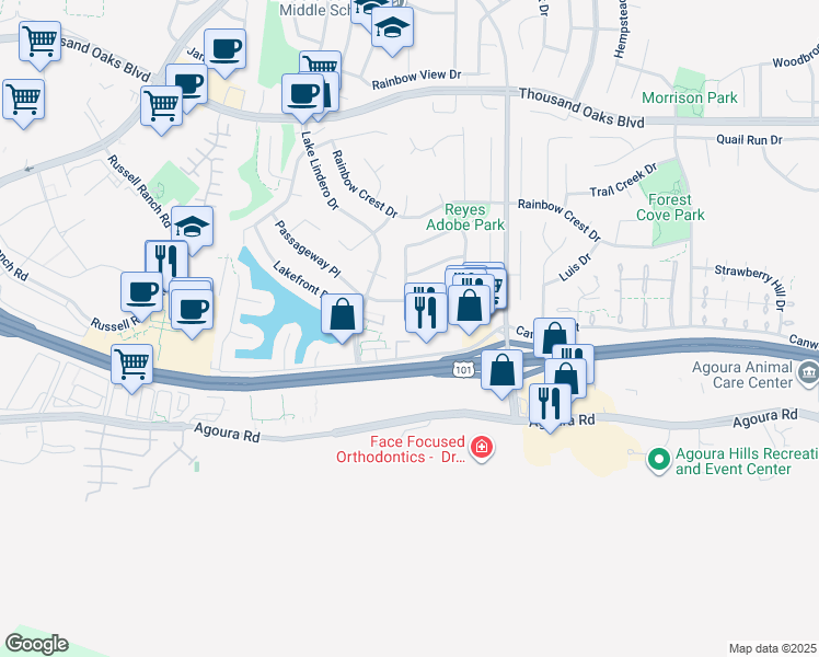 map of restaurants, bars, coffee shops, grocery stores, and more near 30480 Passageway Place in Agoura Hills