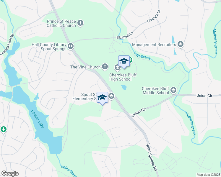 map of restaurants, bars, coffee shops, grocery stores, and more near 6603 Spout Springs Road in Flowery Branch