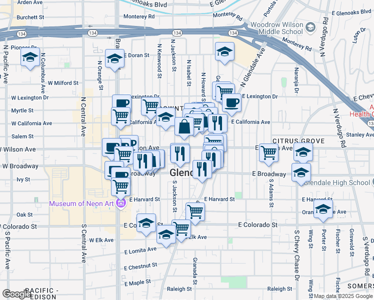 map of restaurants, bars, coffee shops, grocery stores, and more near 147 North Jackson Street in Glendale