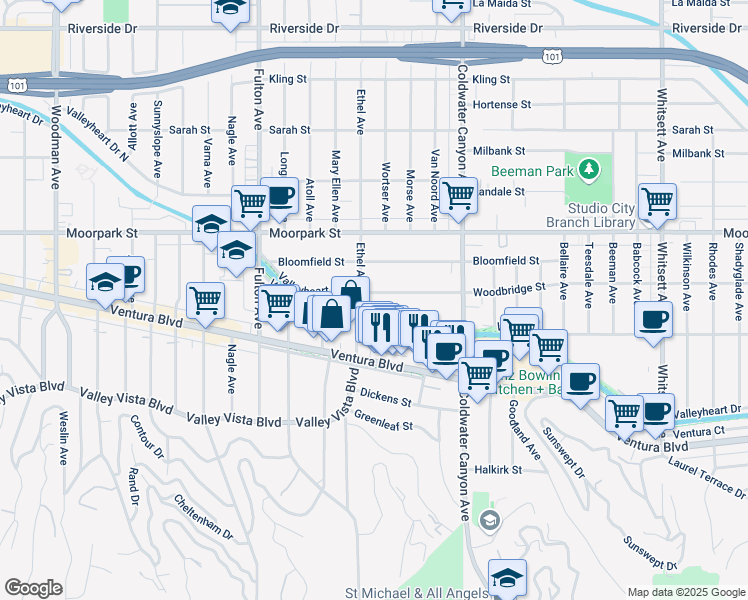 map of restaurants, bars, coffee shops, grocery stores, and more near 13046 Woodbridge Street in Los Angeles
