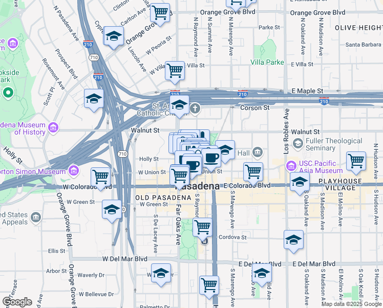 map of restaurants, bars, coffee shops, grocery stores, and more near 125 North Raymond Avenue in Pasadena