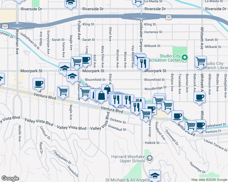 map of restaurants, bars, coffee shops, grocery stores, and more near 13046 Woodbridge Street in Los Angeles