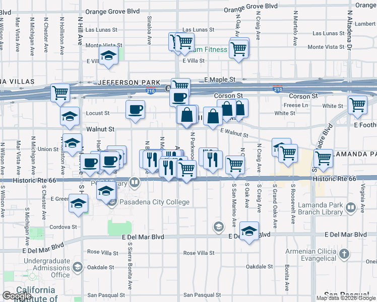 map of restaurants, bars, coffee shops, grocery stores, and more near 2 North Parkwood Avenue in Pasadena