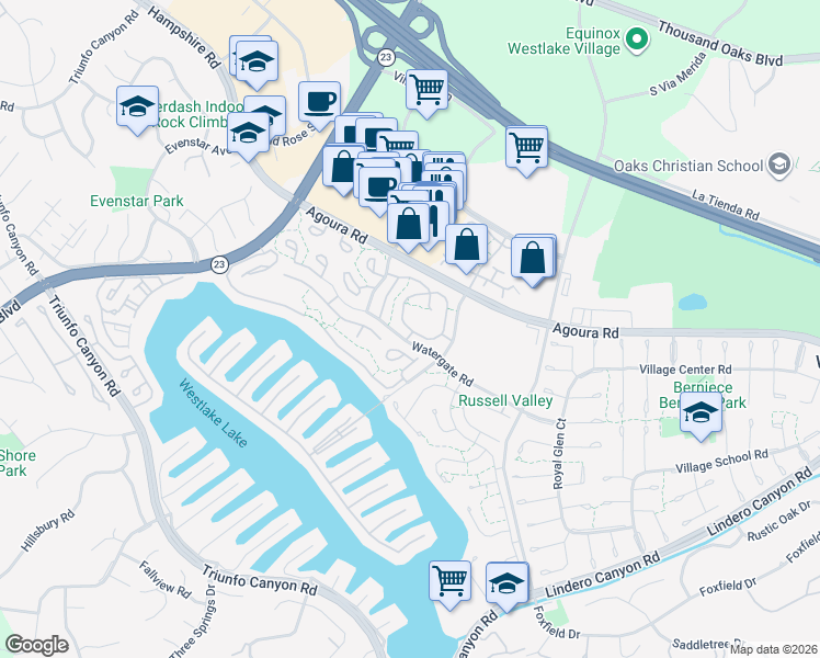 map of restaurants, bars, coffee shops, grocery stores, and more near 1223 Landsburn Circle in Westlake Village