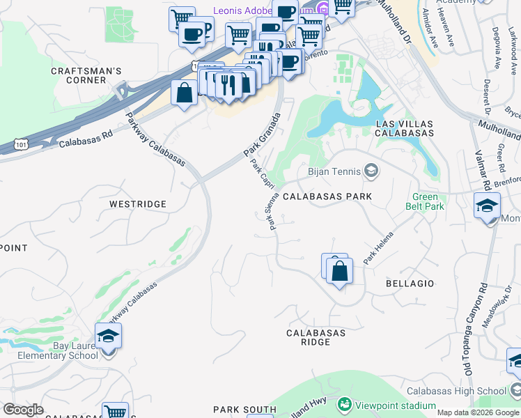 map of restaurants, bars, coffee shops, grocery stores, and more near 23718 Park Madrid in Calabasas
