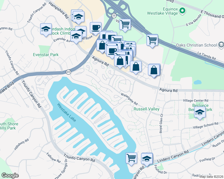 map of restaurants, bars, coffee shops, grocery stores, and more near 2813 Shoreview Circle in Westlake Village