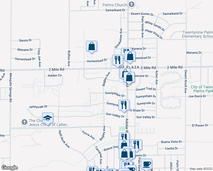 map of restaurants, bars, coffee shops, grocery stores, and more near 5839 Bagley Avenue in Twentynine Palms