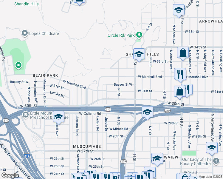 map of restaurants, bars, coffee shops, grocery stores, and more near 943 West 31st Street in San Bernardino
